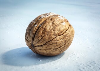 Fototapeta premium A single, whole walnut lies exposed on a snowy white background, showcasing its natural texture and intricate details