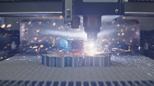 Laser cutter in action sparks closeup.