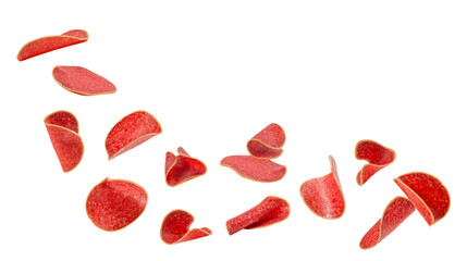 an artistic cascade of freshly sliced red salami pieces gracefully falling against a stark transparent background, capturing their curled edges and marbled textures. © Ian