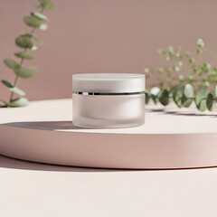 Minimal Frosted Cream Jar on Pink Podium