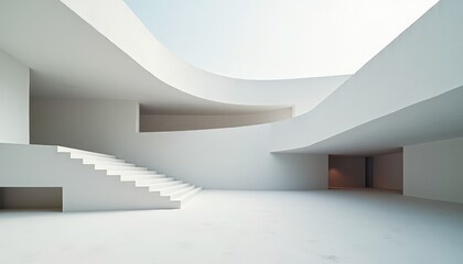 Minimalist White Modern Architecture Interior With Curved Walls Staircase Natural Light Flooding Open Space