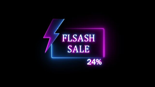 Glowing Neon Flash Sale Promo Animation with Electric Lightning Bolt, Shiny 24 Percent Discount Offer, Futuristic Neon Lights Shopping Banner and Special Promotion Ad Video.4K..