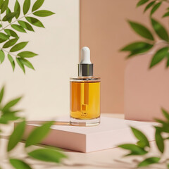 Amber Serum Dropper Bottle with Green Leaves