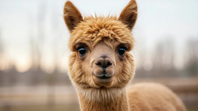 Close Up Portrait of a Fuzzy Brown Alpaca with Big Eyes Staring at the Camera on a Farm Under Daylight