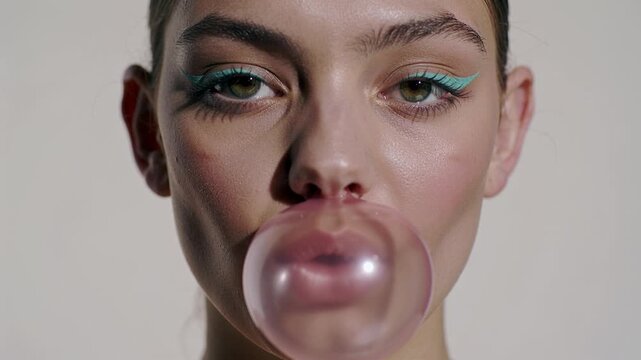 Close up portrait of a young woman with creative makeup blowing a pink bubble gum. Playful and trendy youth concept for beauty and fashion lifestyle projects.