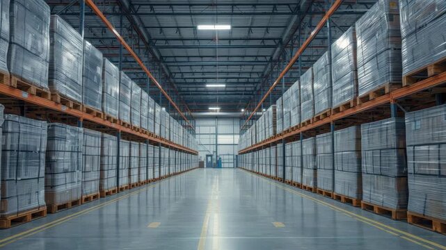 Spacious warehouse aisle with stacked pallets and industrial shelving for storage and palletized