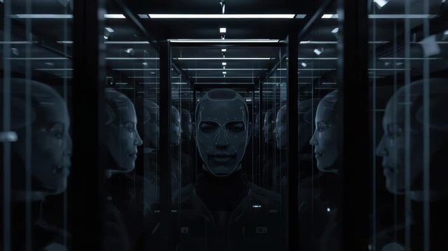Android head reflection in mirrored corridor of glass with eerie blue lighting and moody stare