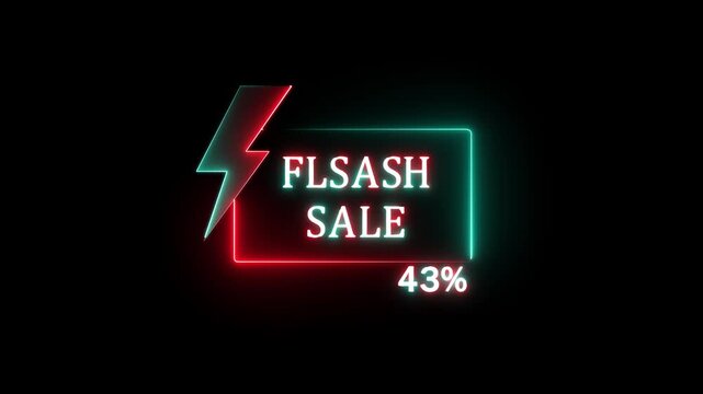 Glowing Neon Flash Sale Promo Animation with Electric Lightning Bolt, Shiny 43 Percent Discount Offer, Futuristic Neon Lights Shopping Banner and Special Promotion Ad Video.4K..