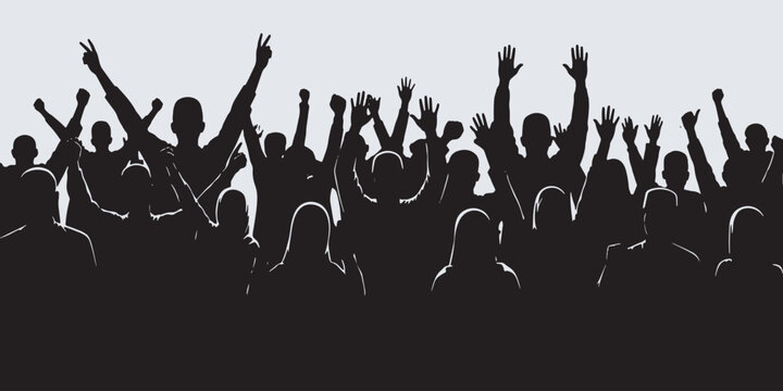 Silhouette of a cheering crowd with hands raised in celebration against a bright background, symbolizing unity and excitement.