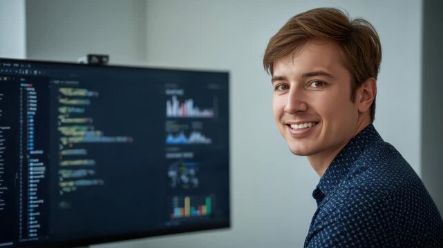 Young man male programmer developer coder software smiling desk with code and data visualizations