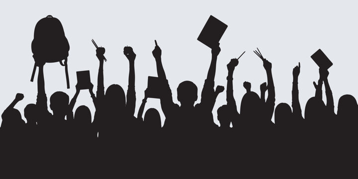Silhouette of a crowd of people raising their hands and holding books and a backpack in the air, symbolizing protest or celebration.
