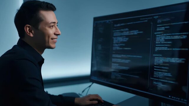 Smiling programmer man adult software coding computer reviewing code dual monitor workstation