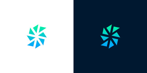 Dynamic abstract geometric logo with swirling motion, featuring a vibrant blue and green gradient, embodying modern technology and innovative solutions for digital businesses