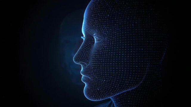 Digital human face grid profile glowing blue wireframe formed by data points futuristic mood