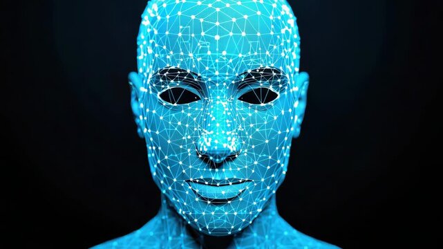 Futuristic digital face mesh wireframe with glowing blue network nodes and connected emotionless