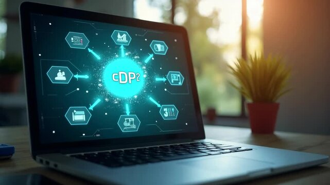 Carbon Data Open Protocol (CDOP) concept. Using a laptop and digital icons representing CO2 tracking, environmental data integration and transparent carbon management through open data proto.