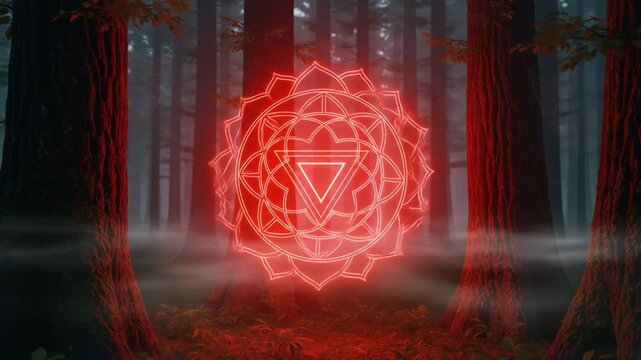 Glowing Red Root Chakra Symbol in a Mystical Forest Setting.