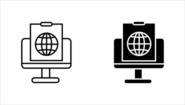 Line icon of a presentation board with globe symbol representing global business, international communication, online meetings, and corporate presentations. Perfect for business, technology, and remot