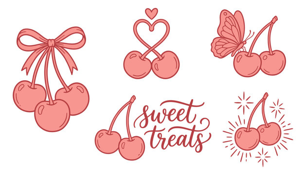 A collection of charming illustrations featuring cherries adorned with a bow intertwined with a heart shape a butterfly and the phrase sweet treats along with decorative flourishes