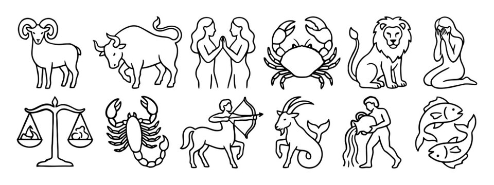 Twelve Zodiac signs depicted as simplified line art icons including a ram bull twins crab lion woman scales scorpion centaur goat fish water bearer and two fish horoscope