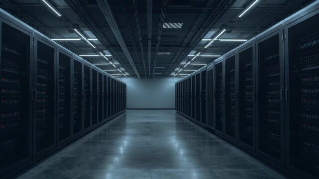 Server room corridor with glowing racks and reflective floor and dark data center aisle with cool
