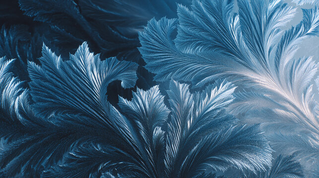 Delicate frost patterns artfully display on a transparent surface, mimicking the appearance of leaves and evoking the winter season.