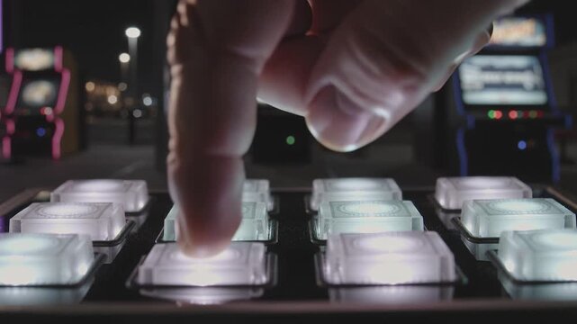 Close up finger pressing illuminated button on grid controller. Blurred arcade machines background creates nightlife atmosphere. Ideal for gaming music production and entertainment concepts.