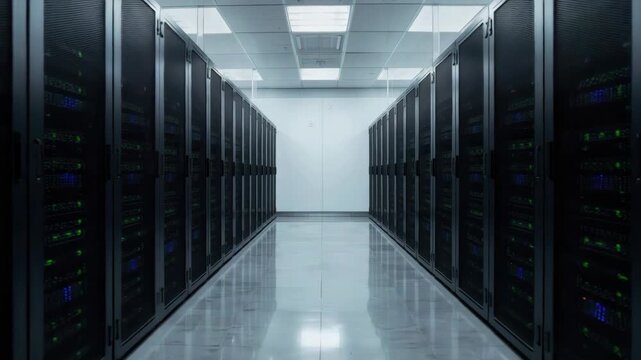 Secure data rack aisle and server corridor datacenter with illuminated racks and cool blue lighting