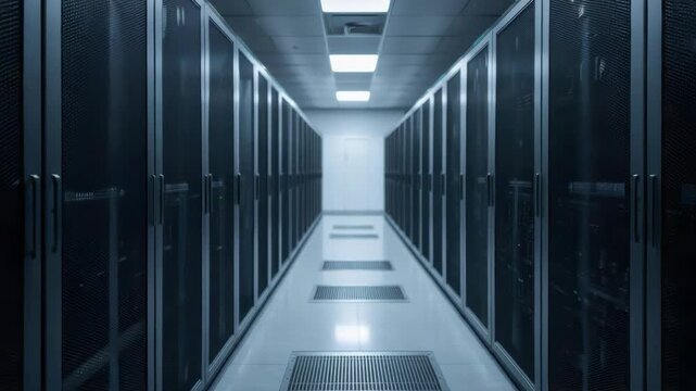 Data center server rack aisle with cool blue lighting cooling vent raised floor network cabinet