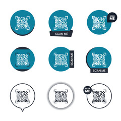 Obraz premium QR code scan for smartphone. Qr code frame set. Template scan me Qr code for smartphone. QR code for mobile app, payment and phone. Scan me phone tag. 