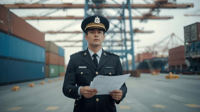 Customs officer uniform inspector reading shipping document busy container port cargo terminal