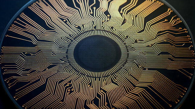 Technology circuit with glowing copper lines on silicon wafer