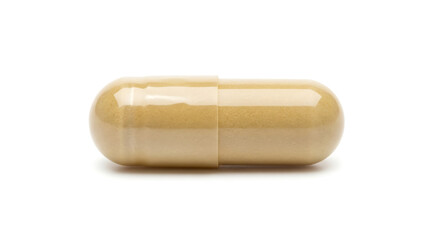 Single capsule of medication isolated on white background representing health and wellness con