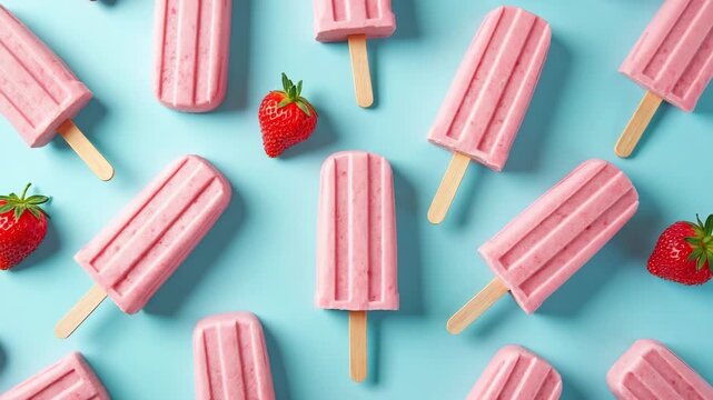 Trendy sunlight Summer pattern made with pink strawberry ice cream on bright light blue background. Minimal summer concept..