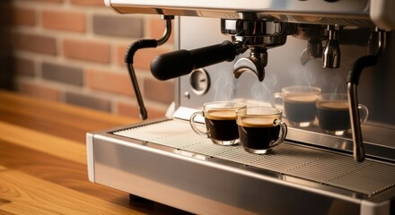 Modern espresso machine brewing rich, dark coffee into clear glass cups on a wooden counter