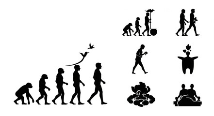 Human Evolution Stages and Modern Life Silhouettes.
