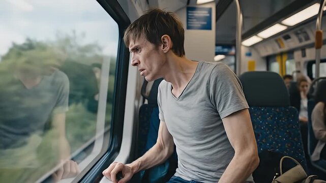 Young Woman Traveling on Bus Looking Out Window.