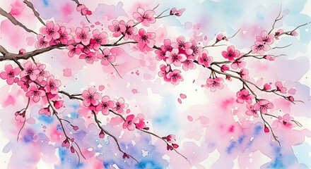 Obraz premium Beautiful Pink Cherry Blossom Branches with Delicate Flowers on Soft Pastel Background - Spring Nature and Japanese Sakura Concept