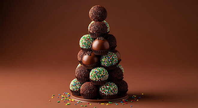 A Tower of Delicate Brigadeiros (Chocolate Truffles) Rolled in Colorful Sprinkles on a Rich Chocolate Brown Background