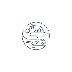 Obraz premium Minimalist Travel Icon Featuring Airplane Mountains and Ocean Waves.