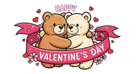 Fototapeta premium Cute Cartoon Bears Hugging with Pink Ribbon and Flowers for Valentine's Day