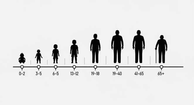 Human growth stages from infancy to old age depicted as silhouettes.