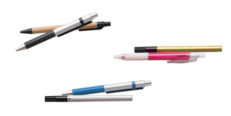 Fototapeta premium collection of assorted pens, including metallic, black, pink, and natural kraft paper designs, arranged artfully on a clean white background for promotional purposes.