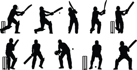Obraz premium Cricket player silhouette set with batting and fielding action poses, professional athletes, dynamic sports vector illustrations isolated on white background collection