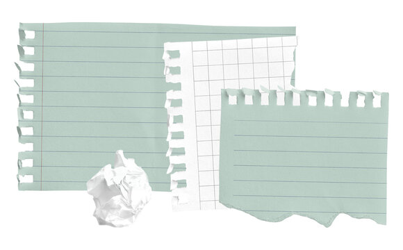 torn lined paper sheets and crumpled paper ball, isolated on transparent background, creative concept for notes and ideas.