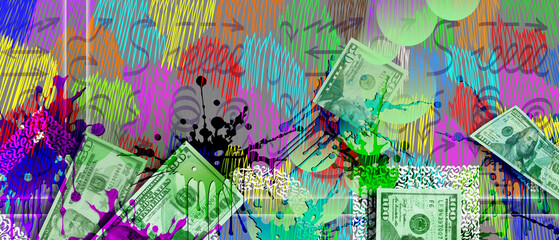 Abstract graphic wide illustration. 50 and 100 banknotes dollars US composed of dots and bent. Drips, splashes, blobs and colorful strokes. Psychedelic curved arrows and doodles. Light spots