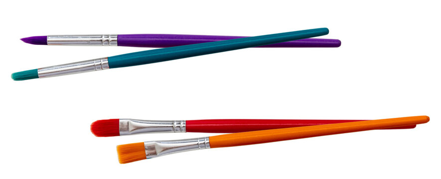 set of four diverse paintbrushes with colored handles, artistic tools for painting and crafting projects.