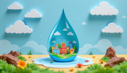 Naklejka premium Water drop city nature conservation environment landscape cloud sky lake water drop city nature conservation environment landscape cloud sky lake