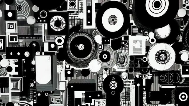 Abstract monochrome art piece featuring geometric and circular shapes in a layered, dense composition