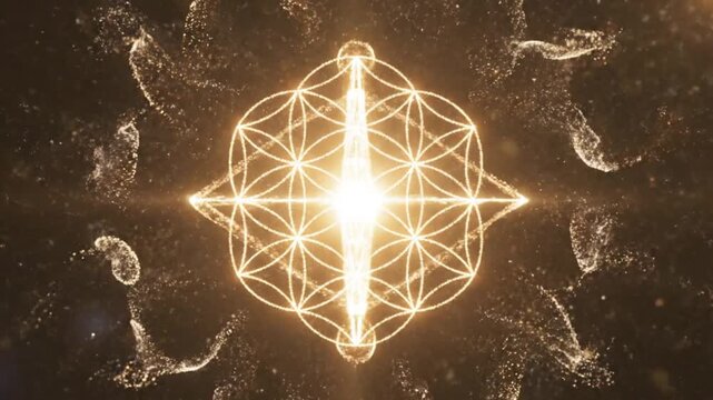 A glowing geometric sacred symbol shines brightly surrounded by mystical patterns and cosmic dust in a dark, starry environment from a direct viewpoint.